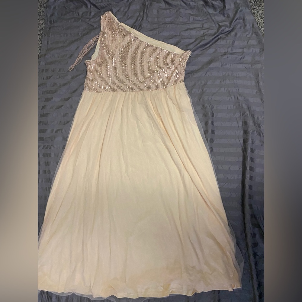 One-Shoulder Sequin Bodice Cream Dress